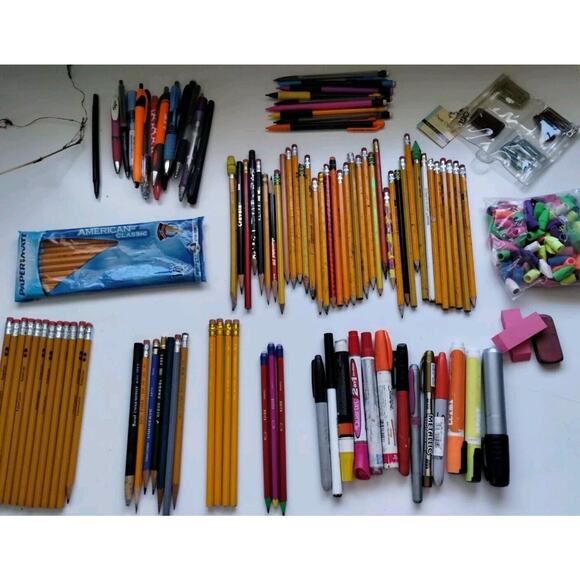 Lot of 100 Pencils - Pens - Paint Pens - Erasers - Mechanical Pencils - Picture 1 of 11